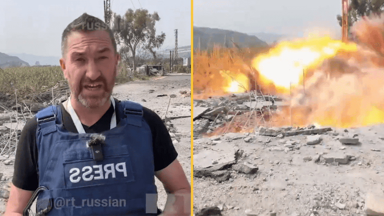 Insane moment Israeli missile hits metres away from British journalist in Lebanon Insane moment Israeli missile hits metres away from British journalist in Lebanon