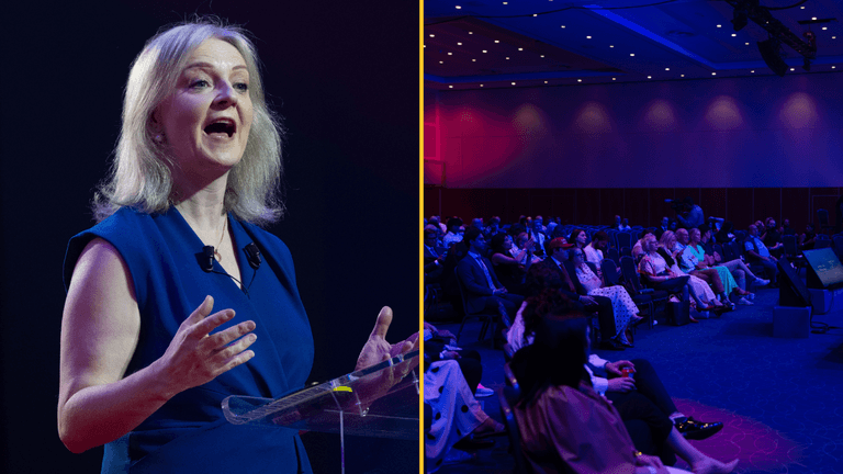 Liz Truss opens MAGA-style CPAC GB to deserted room Liz Truss opens MAGA-style CPAC GB to deserted room