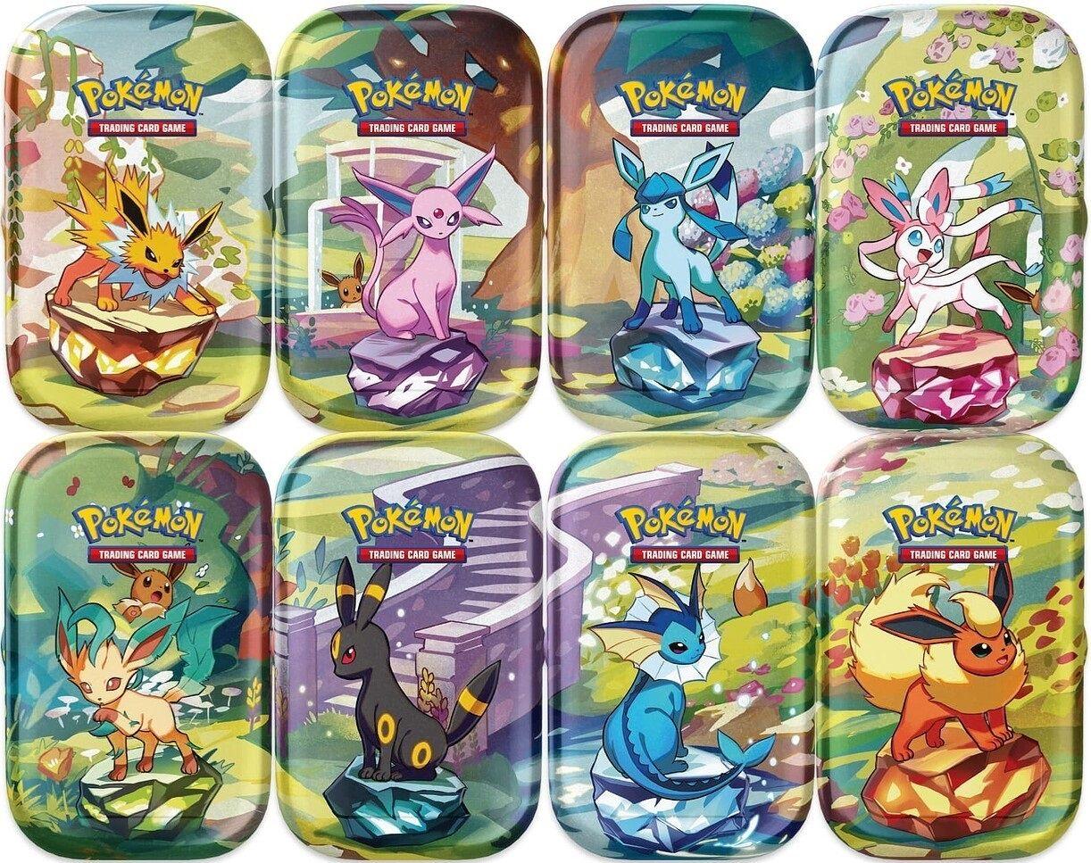It features eight tins with Eevee evolutions on the front.