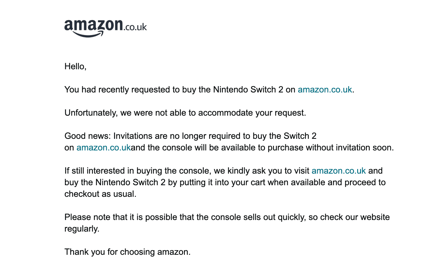 Amazon has informed customers that missed out on Nintendo Switch 2 pre-orders that invites are no longer required.