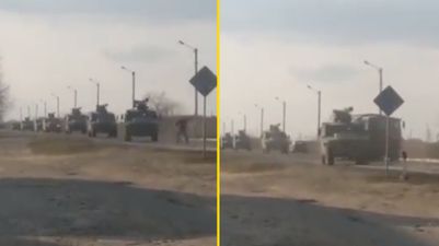 Video shows amazing moment single man tries to stop convoy of Russian tanks