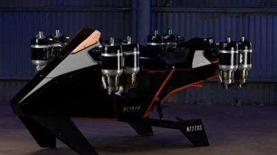 A flying motorcycle powered by eight jet engines has been invented