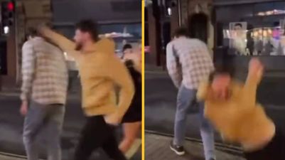 ‘Moron’ caught on video flooring himself with wild sucker punch before walking off