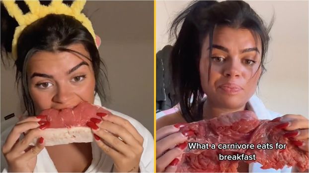 Woman eats raw meat diet