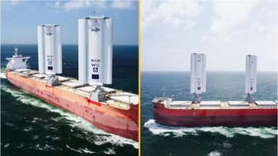 World’s first wind-powered cargo ship sets sail with revolutionary metal ‘wings’