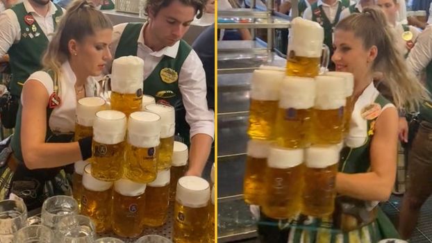 Oktoberfest waiter praised for 'super strength' while carrying more than a dozen beers
