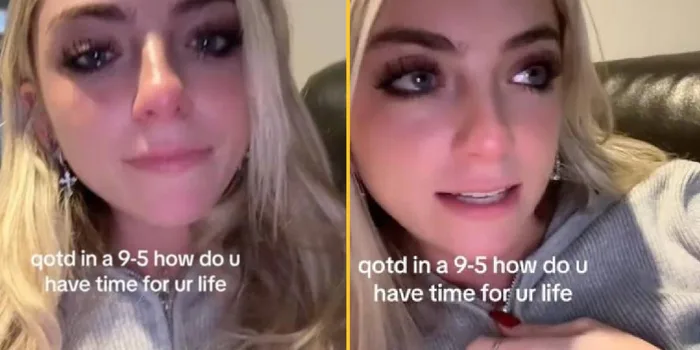 Woman breaks down in tears after working her first shift in a 9 to 5 job