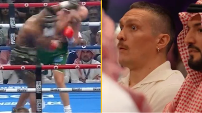 Video emerges of Oleksandr Usyk’s live reaction to Francis Ngannou knocking down Tyson Fury