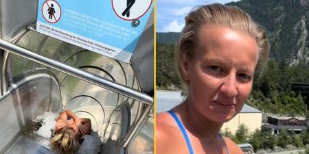Diver ignores extreme water slide’s ‘no women’ warning and goes down it anyway