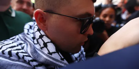 Kneecap rapper Mo Chara arrives at Court wearing a keffiyeh