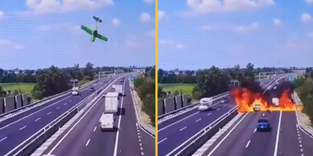 Plane nose dives and crashes into motorway leaving cars to drive through flames