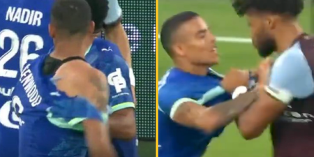 Mason Greenwood has shirt ripped by Tyrone Mings during heated moment